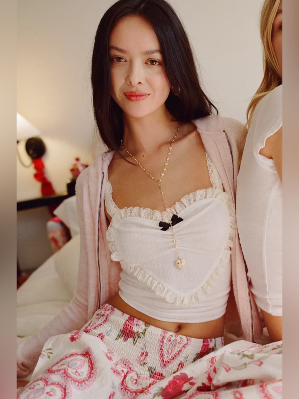 UO Out From Under Eat Your Heart Out Ruffle Lace Trim Cami